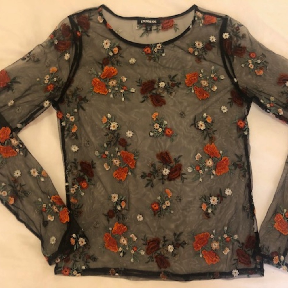Black sheer floral long sleeve - Express